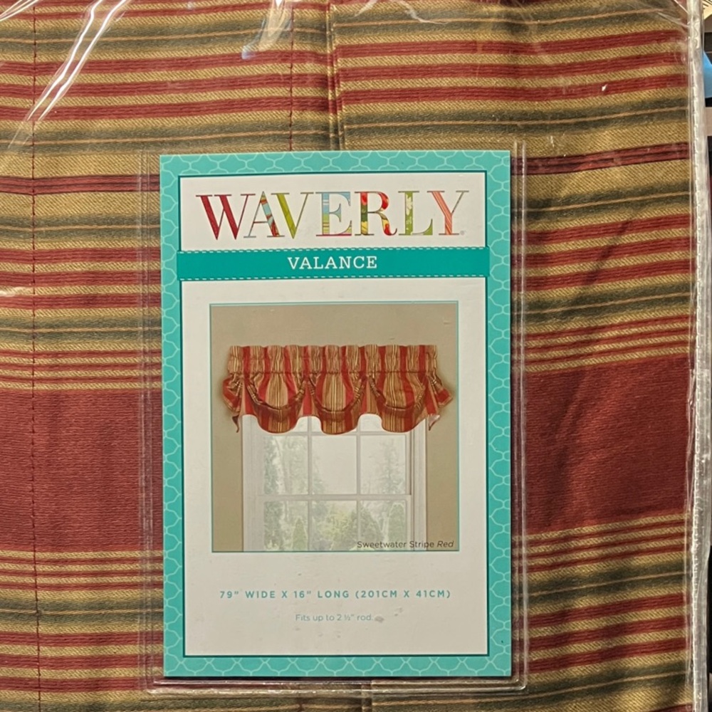 Waverly Valance in Red and Tan Stripes. 79” wide x 16” long